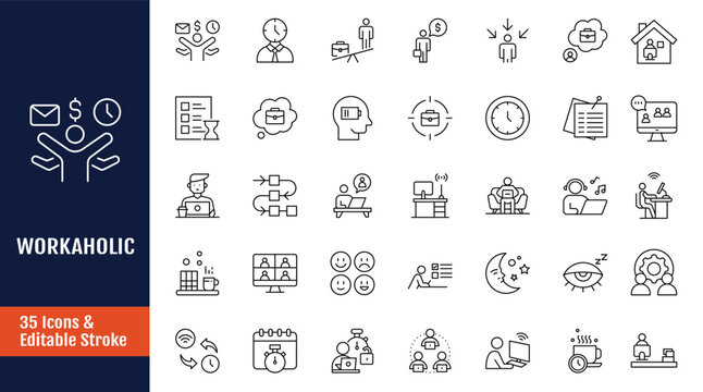 Workaholic Icons set. Includes Busy, rushed, burnout, tired, overworked and more. Outline icon with Editable stroke. Vector illustration