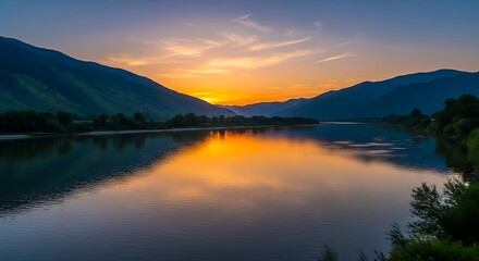 Fototapeta premium Majestic sunset reflects in a calm river between mountain ranges, creating a serene scene