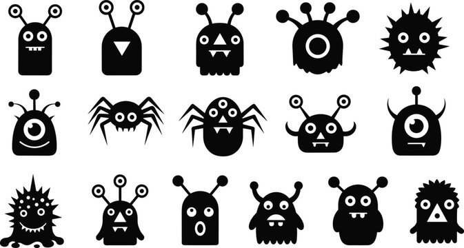 Cute monster icon set silhouette collection, funny alien creatures characters with spooky faces for halloween design mascot vector illustration