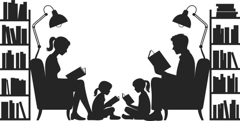 Silhouette of family reading together in a cozy library setting books silhouettes © Moksedul