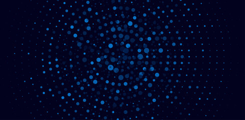 Abstract blue glowing dots scattered on a dark blue background, forming a circular particle pattern, digital bokeh style.