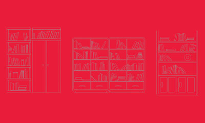 Three white line of bookshelves on red background white line red background bookcases furniture © Moksedul