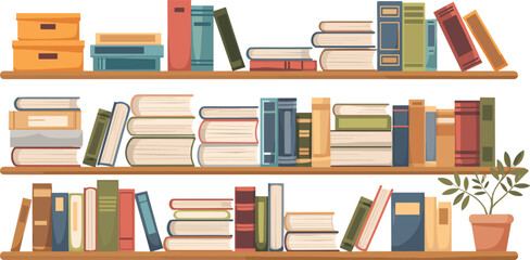 Three wooden shelves filled with multicolored books and potted plants bookshelves bookshelf © Moksedul