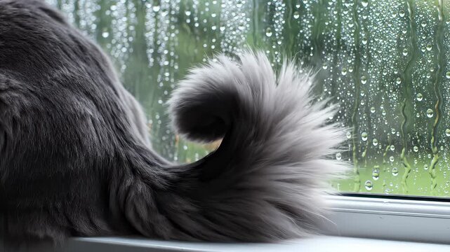 Fluffy Cat Tail Wiggles By Rainy Window On Cozy Day