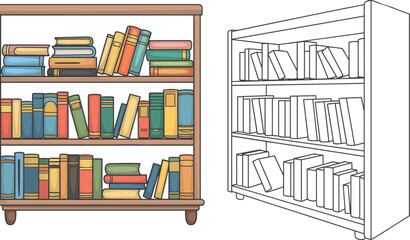Two bookshelves with books one colored and one outlined bookshelf colored books © Moksedul