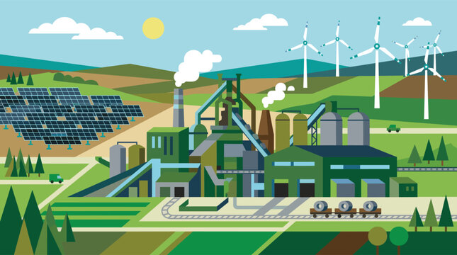A stylized illustration depicts a landscape with a sprawling industrial plant, solar panels, and wind turbines, representing a blend of traditional industry and renewable energy.