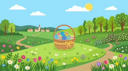 A woven basket filled with colorful, patterned Easter eggs sits in a vibrant green meadow dotted with wildflowers and rabbits under a bright, sunny sky.