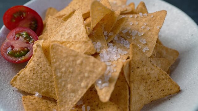 Close-up top view of Tortilla chips and tomato with sea salt rotating on a white plate
