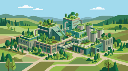 Fototapeta premium An isometric illustration of a modern factory building with extensive rooftop gardens and trees, surrounded by rolling green hills and a clear blue sky.