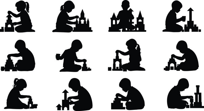 Collection of twelve black silhouettes of children sitting and playing with building blocks, symbolizing creativity, learning, and developmental play activities.