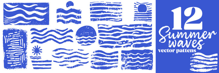 Obraz premium Vintage ocean wave pattern set with sun and sea elements in retro linocut print style summer coastal textures and grunge marine graphics