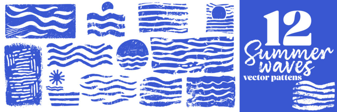 Vintage ocean wave pattern set with sun and sea elements in retro linocut print style summer coastal textures and grunge marine graphics