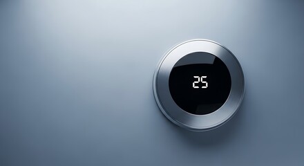 Fototapeta premium Modern round thermostat dial shows a digital temperature display on a cool grey wall