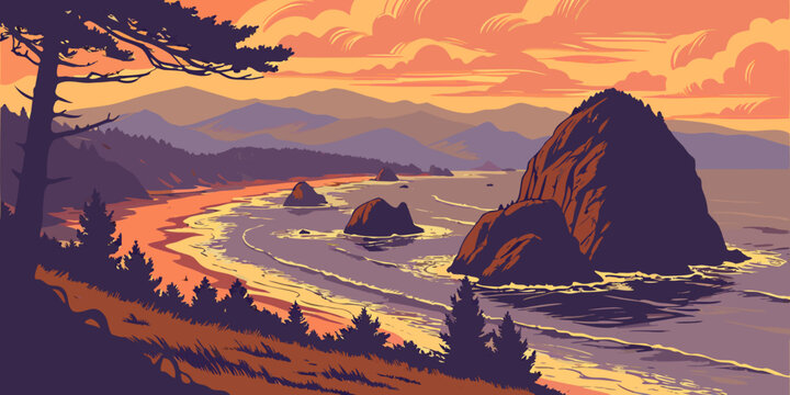 USA, US, U.S, United States - Cannon Beach Sea Stacks Sunset Panorama &ndash; Dramatic Pacific Northwest Coastline in the USA, United States, U.S., US