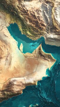 Geopolitical significance of the hormuz strait: a strategic focus. Poster graphics. Detailed mapping of the hormuz strait between iran and oman. Cinematic poster. Hero poster.