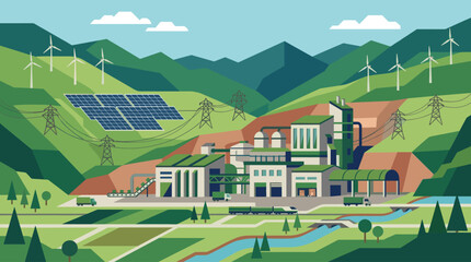 A flat vector illustration of a sustainable factory in a green valley, powered by renewable energy from solar panels and wind turbines.