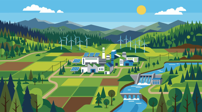 A flat design vector illustration of a green valley with a factory powered by renewable energy sources like solar panels, wind turbines, and a hydroelectric dam.