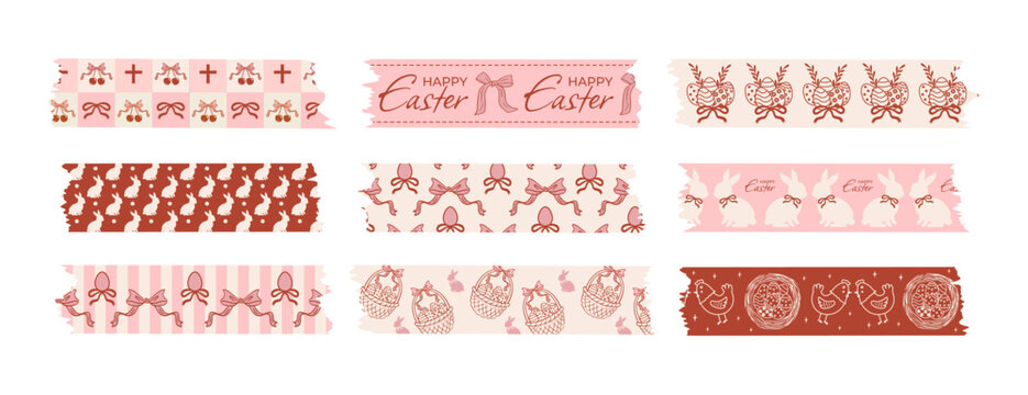 Set of Easter sticky tape in the style of a coquette. Elements for notes and scrapbooking. Torn pieces of patterned tape with ragged edges. Vector doodle illustration.