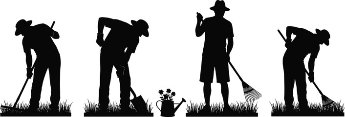 Gardeners working in garden silhouette set with rake shovel watering can grass landscaping maintenance outdoor workers gardening activity spring nature © Anamul Arafat
