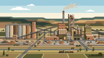A flat vector illustration depicts a large industrial cement plant with a smoking chimney, tall silos, complex conveyor belts, trucks, and a train transporting materials across a rural landscape under