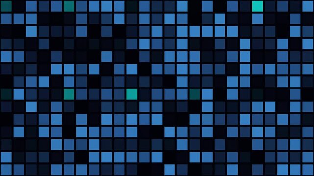 High quality, seamless looping motion background featuring a grid of glowing digital pixels breathing and shifting opacities. Perfect for EDM visuals, VJ loops, futuristic presentations, sci-fi scenes