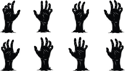 Obraz premium Creepy black hand silhouettes emerging from ground, spooky zombie undead gestures perfect for Halloween horror vector illustration design art