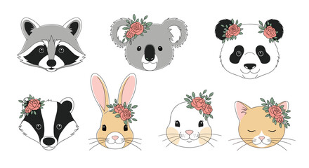 Obraz premium Set of cute animal faces with flowers including a raccoon, koala, panda, badger, rabbit, bunny, and cat with floral crowns.