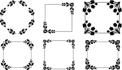 Decorative floral frame silhouettes featuring circular and square designs with leaves and flowers for invitations, greeting cards, and borders © Mukta