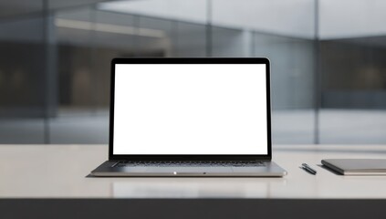 Fototapeta premium Modern laptop mockup with blank white screen on a minimalist white desk in a bright, blurry office interior