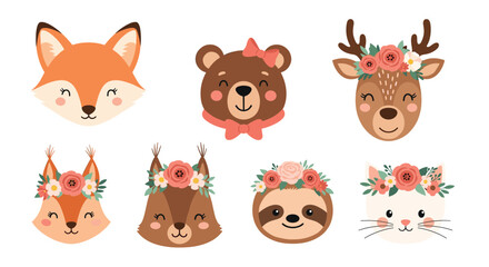 Fototapeta premium Adorable set of cartoon animal faces including fox, bear, and deer wearing beautiful floral wreaths and spring flower crowns.