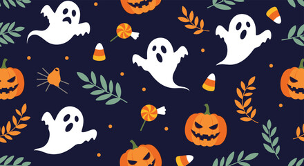 Seamless Halloween pattern features spooky white ghosts, carved pumpkins, autumn leaves, and sweet candy on a dark blue background.