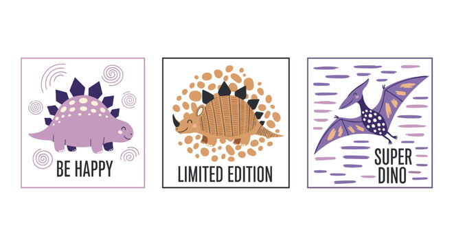 Motivational cards for children featuring cute cartoon dinosaurs and inspiring quotes like be happy and super dino card.