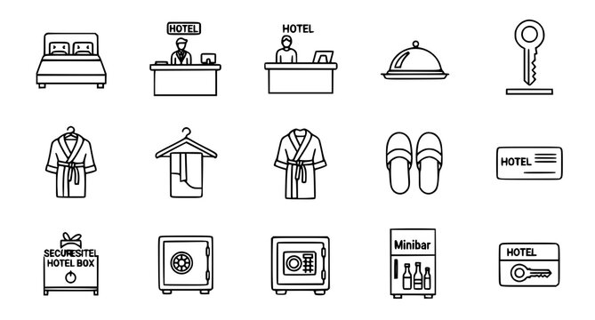 A set of minimalist hotel icons and illustrations in a flat line art style