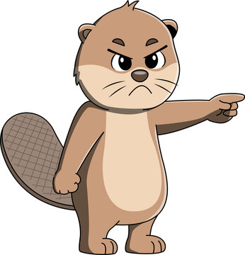 Cartoon beaver standing with an angry expression while pointing forward, as if giving instructions or warning someone. Bold flat vector woodland mascot with expressive body language