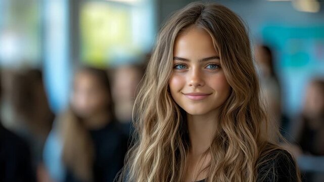 Charming youthful face with radiant blue eyes and warm, inviting smile, embodying genuine contentment and approachable grace.