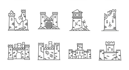 Collection of Medieval Castle Ruins and Fortifications in Line Art Style. © Dede