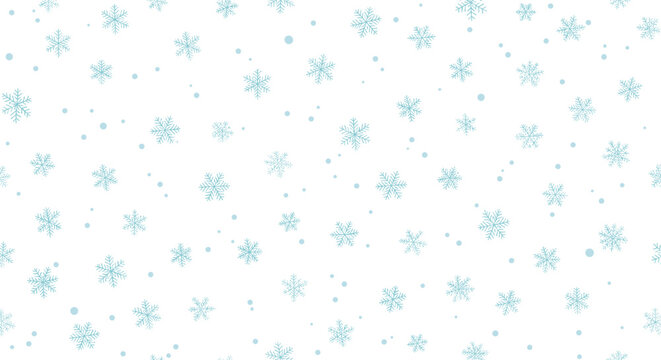 Simple and elegant seamless pattern features delicate blue snowflakes and dots scattered across a clean white background for winter.