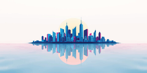 Obraz premium A sunset reflects over a 3d urban cityscape where a skyscraper skyline meets the river, creating a modern architectural silhouette of a downtown business district