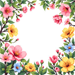 Fototapeta premium Bright garden floral border with colorful spring blossoms and fresh green leaves, decorative botanical frame illustration ideal for greeting cards, invitations and seasonal floral artwork