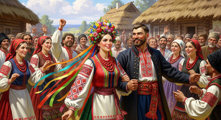 Obraz premium A vibrant celebration of traditional culture unfolds as a happy couple is surrounded by villagers dressed in folk attire, emphasizing community and tradition