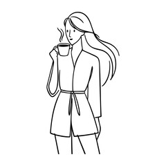 Dibujo sencillo con l&iacute;neas de una mujer con ropa informal de pie sujetando una taza de caf&eacute; humeante con la mano