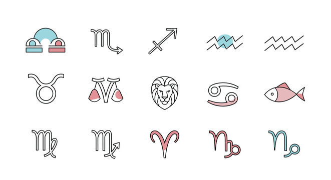 Set of zodiac symbols including libra scorpio sagittarius taurus gemini leo cancer pisces virgo aries and capricorn on white background.
