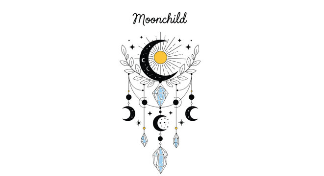 Spiritual moonchild design with crescent moons sun rays hanging crystals and leaves for esoteric and mystical themed prints.