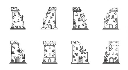Ruined Castle Towers - Architectural Sketches of Medieval Fortifications. © Dede