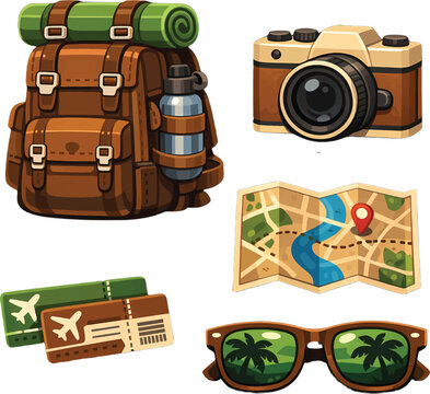 Travel Essentials Illustration &ndash; Backpack, Camera, and Map