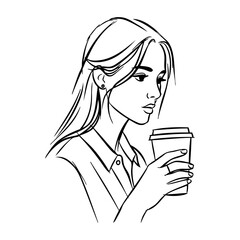 Dibujo sencillo con líneas de una mujer de pie con ropa informal sujetando un vaso de papel con café con la mano  © teracreonte