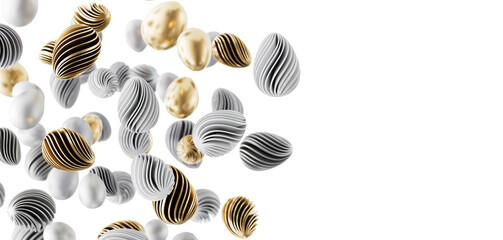 Elegant composition of decorative easter eggs in gold, silver and gray, perfect for holiday...