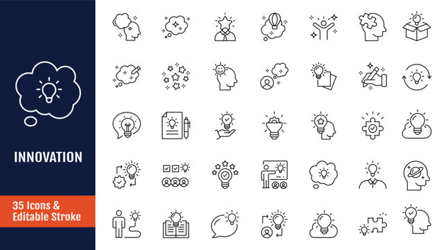Innovation icon set. Includes creativity, invention, prototype, Design Thinking, Brainstorm, visionary, revolution and more. Outline icon with Editable stroke. Vector illustration