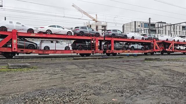 13 march 2026, Hasselt, Belgium. Car carrier freight train transporting vehicles passing railway in Hasselt Belgium during rainy weather. automotive logistics, rail transport and industrial freight in