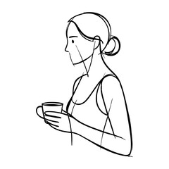 Dibujo sencillo con líneas de una mujer con ropa informal de pie sujetando una taza de café con la mano © teracreonte